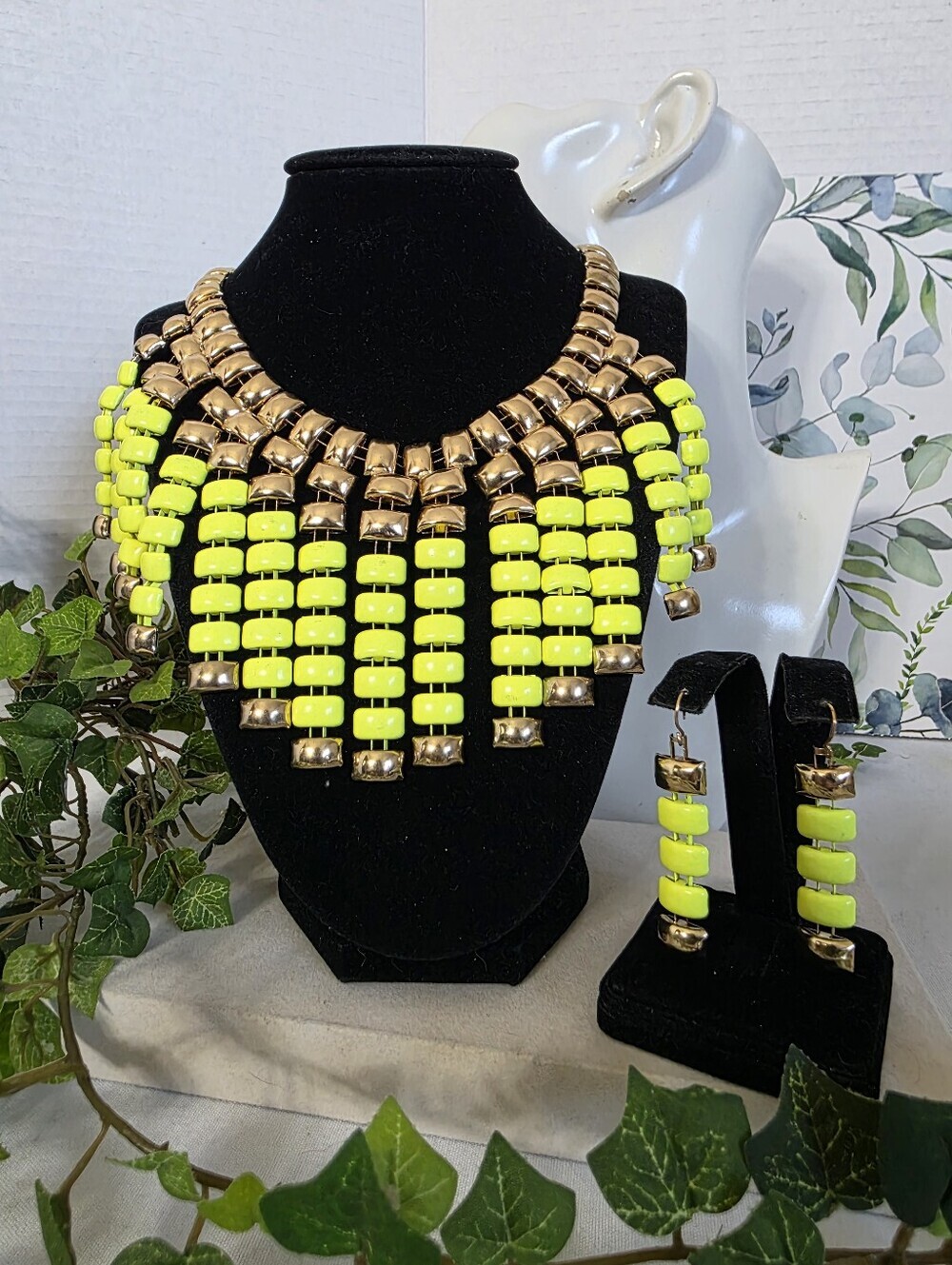 Neon Yellow & Gold Bib Necklace Set Statement Fringe Collar & Drop Earrings